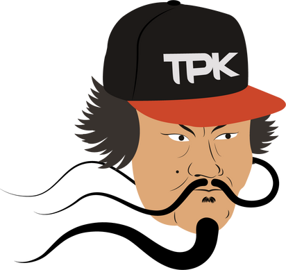 Cartoon of Genghis Kahn's head wearing a TPK baseball cap
